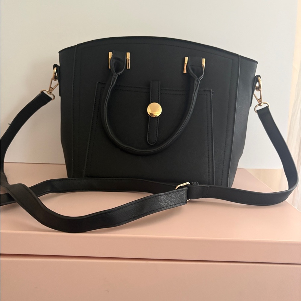 Black Faux Leather Bag with Crossbody Strap